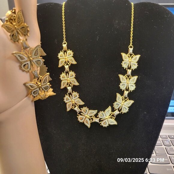Damascene Spanish Jewelry - Damascene Spanish Butterfly Chain Link Gold Tone Necklace & Bracelet Vintage